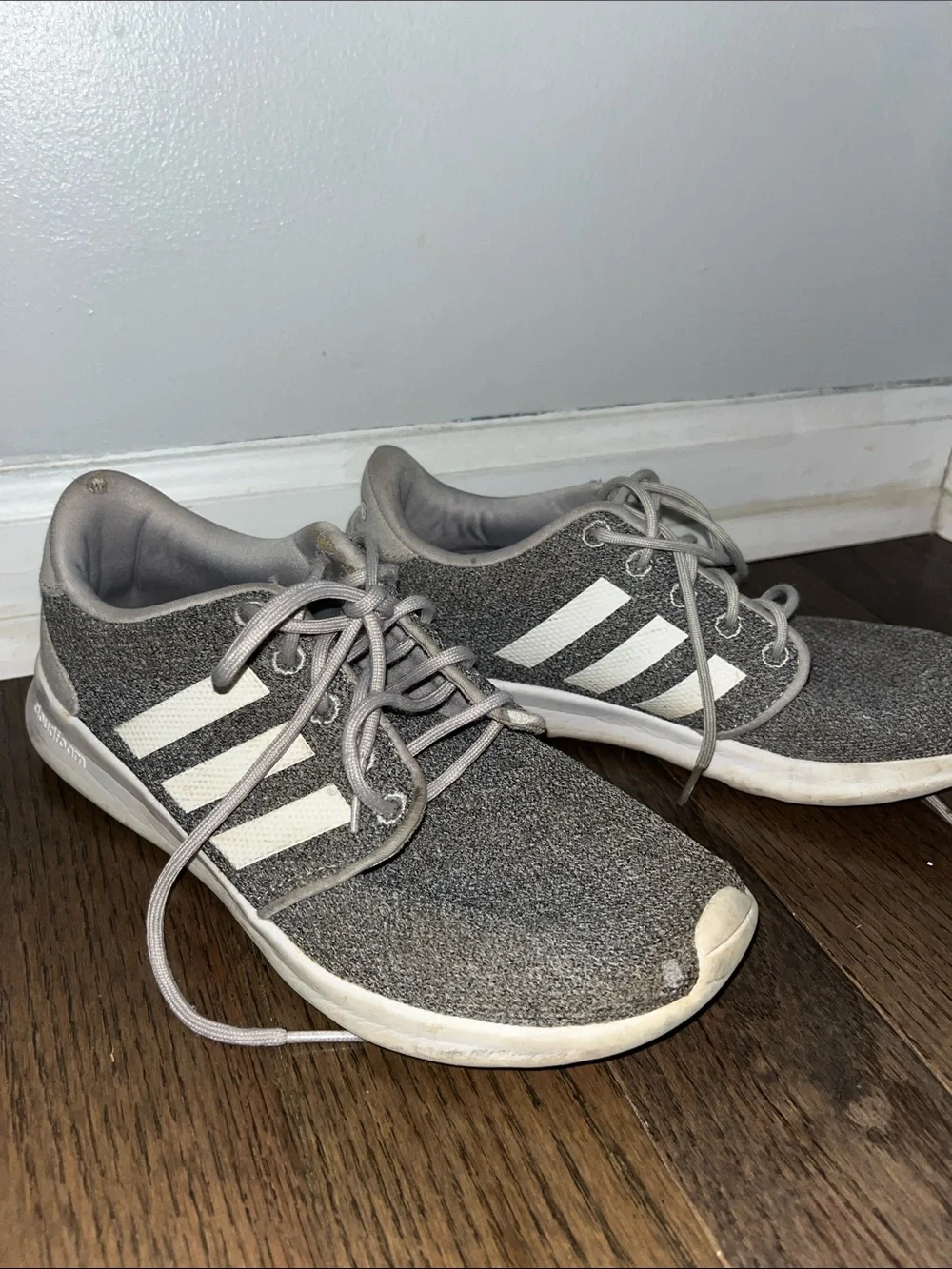 adidas Gray Knit Athletic Sneakers with White Stripes